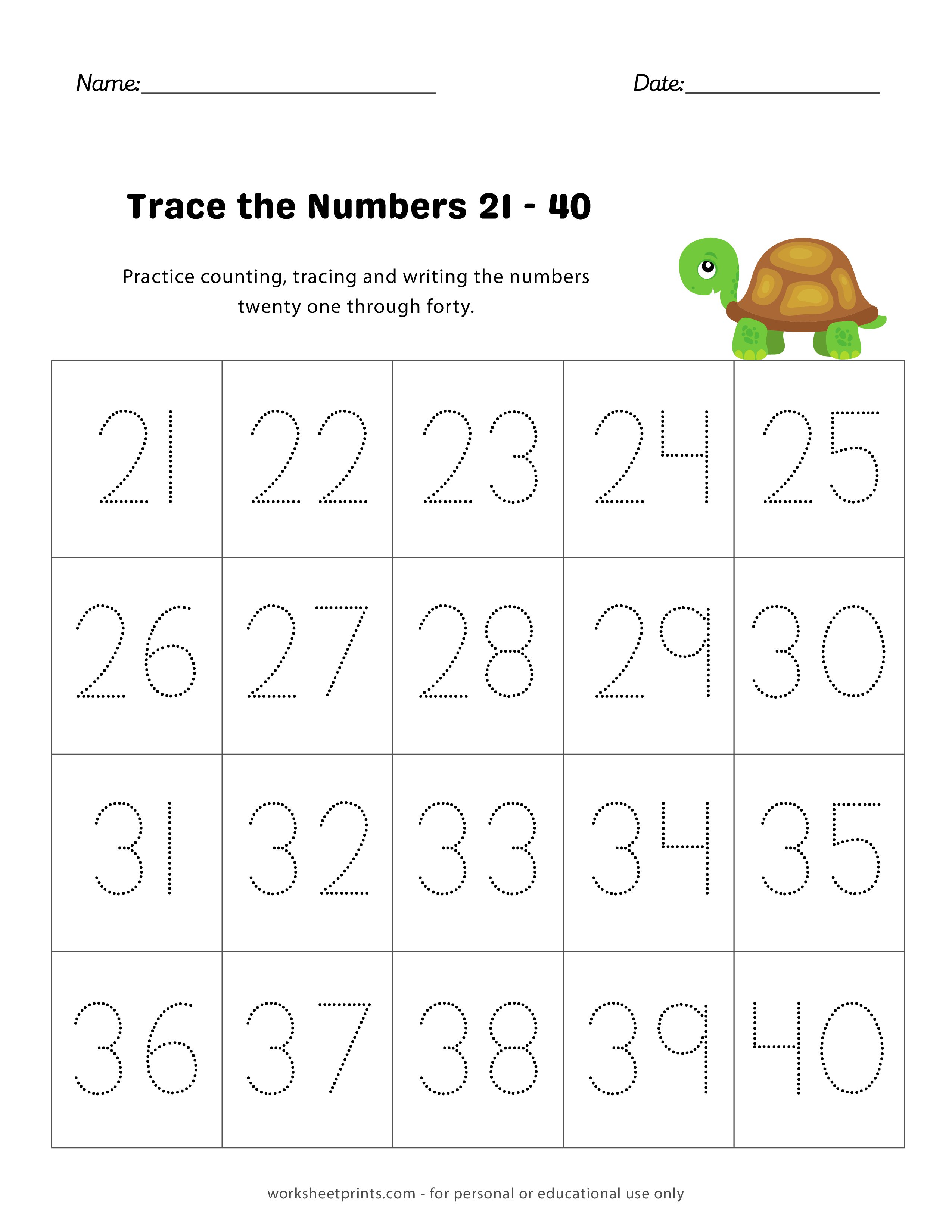 Number Tracing 21-40: Preschool and Kindergarten Worksheets