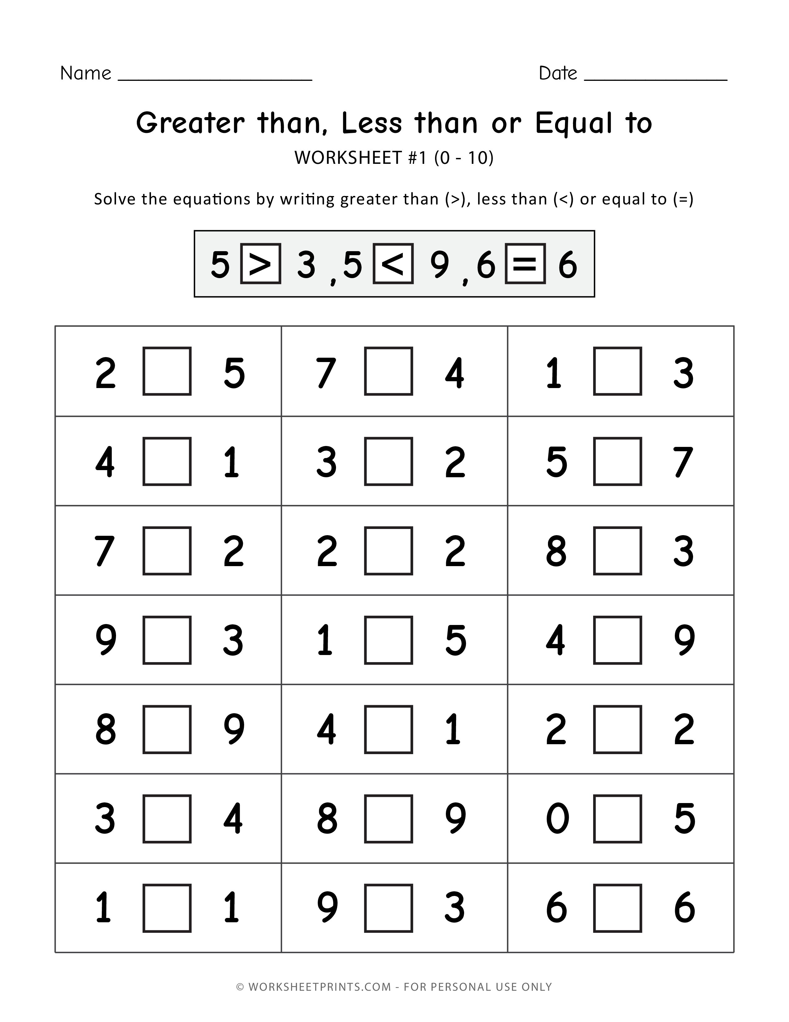 Comparing Numbers (0-50)