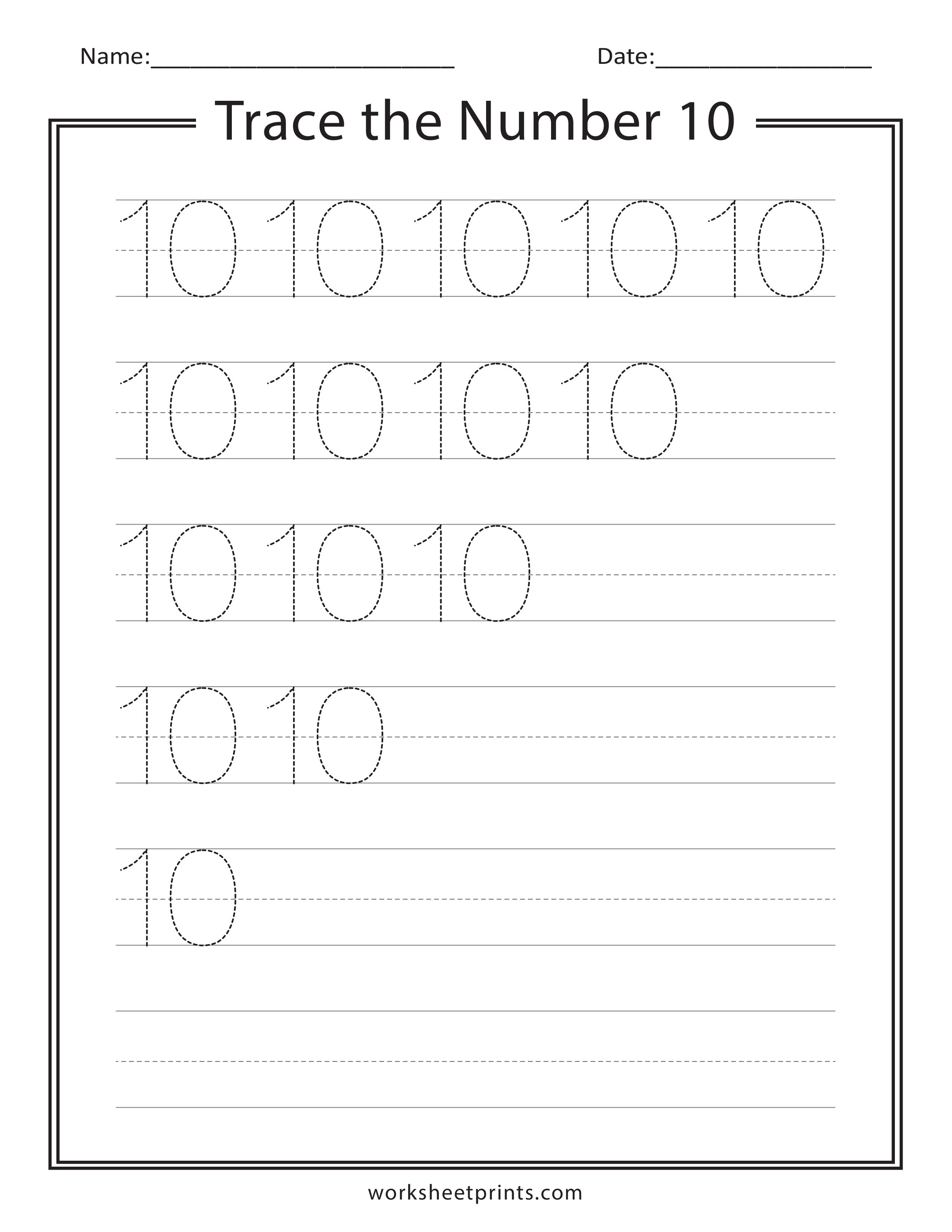 Trace Number 10: Free Tracing Worksheets