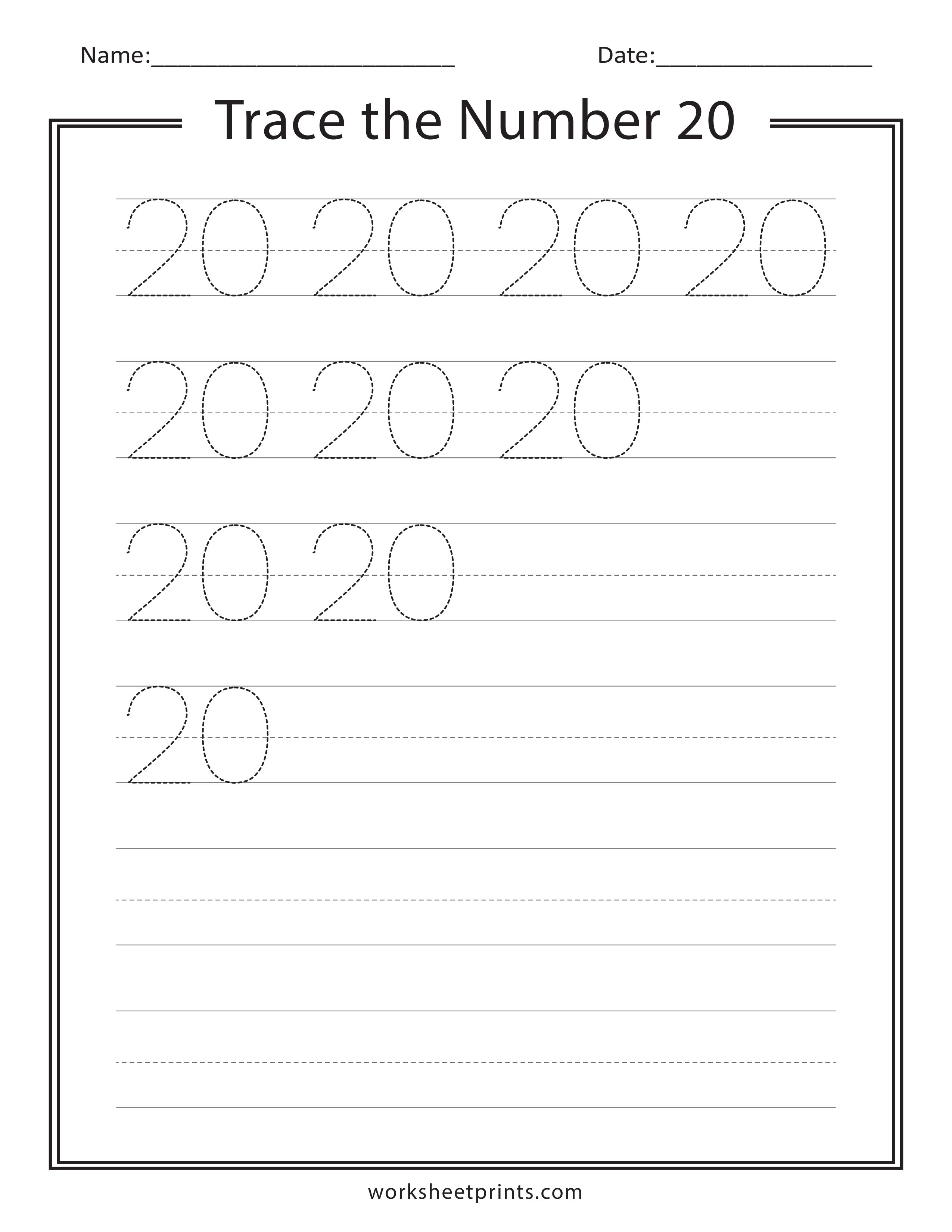 Trace Number 20: Free Printing and Tracing Worksheets