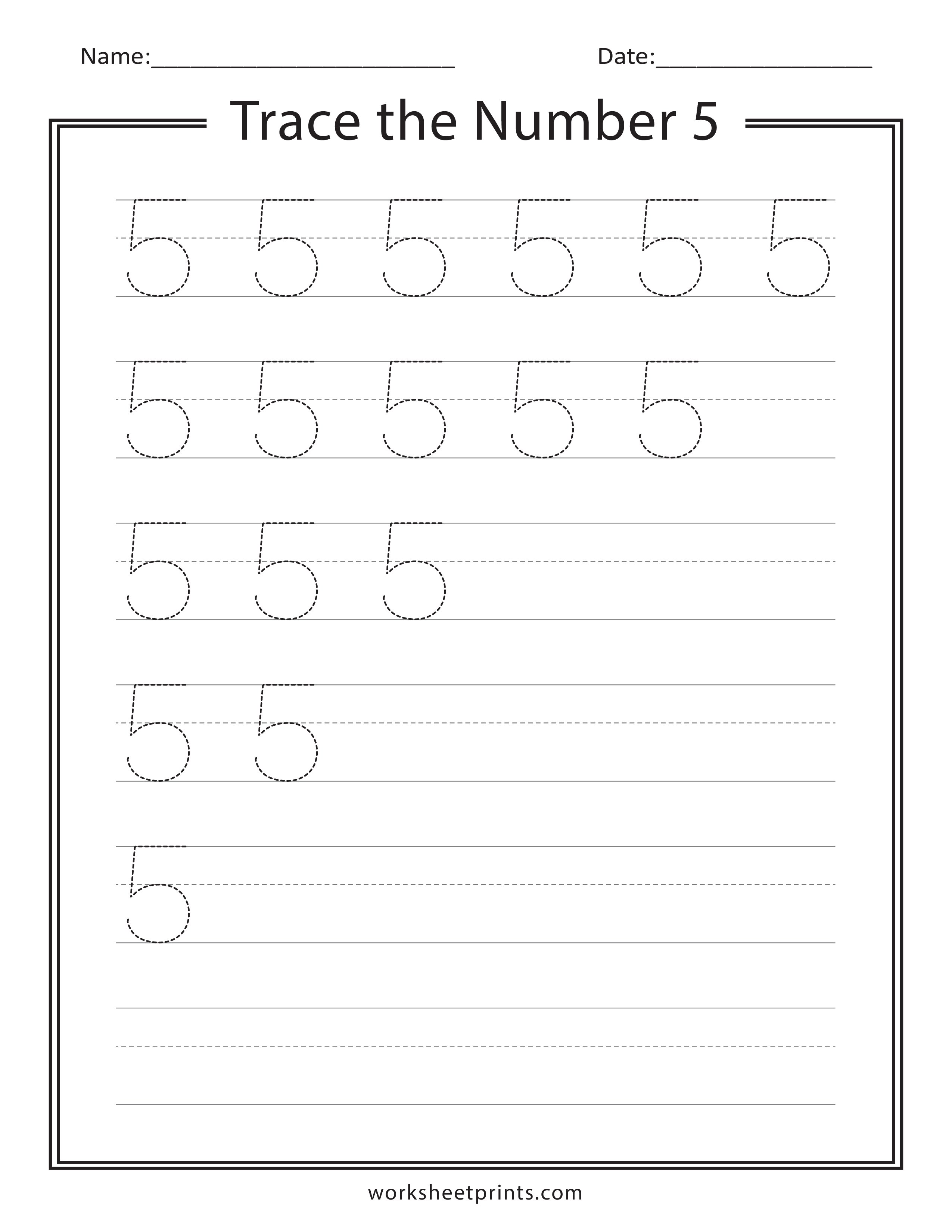 Trace Number 5 Free Tracing Worksheets