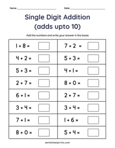 Single Digit Numbers Addition (Adds upto 10)