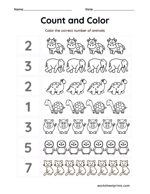 Printable Count and Color the Animals Worksheet | WorksheetPrints