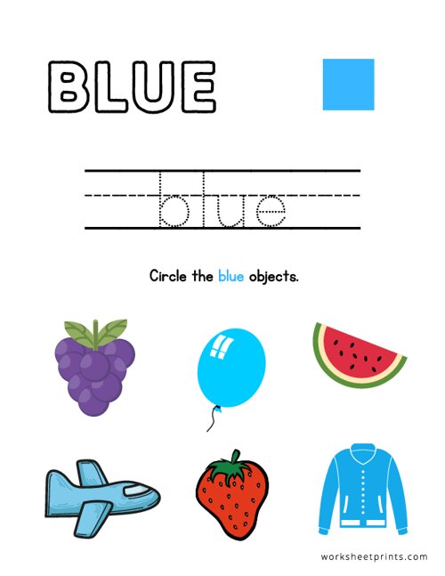 Printable Blue Color Objects - Learning Colors Worksheet | WorksheetPrints