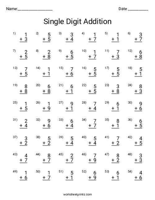 Printable Single Digit Addition Worksheet | WorksheetPrints