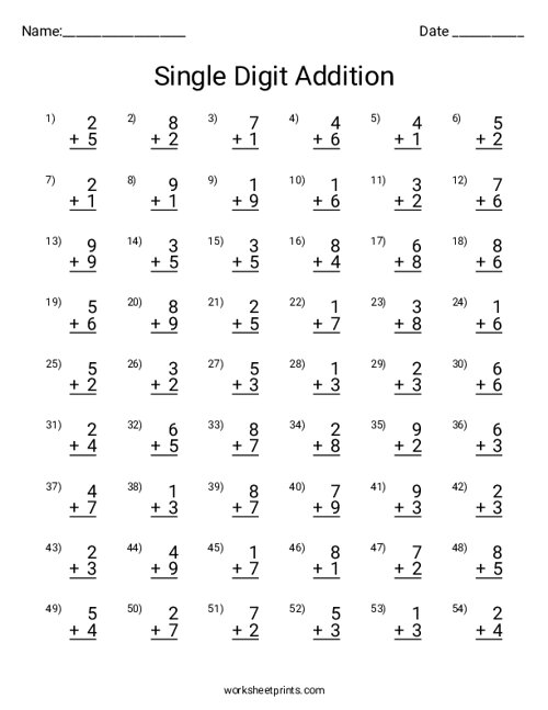 Adding Single Digit Numbers Worksheet