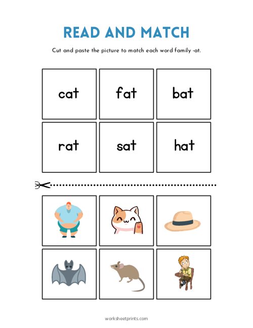 CVC Read and Match Worksheet - AT Words