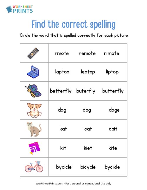 Find The Correctly Spelled Word Spelling Worksheet