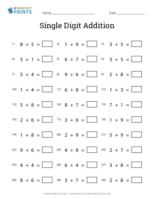 Adding Two 1-Digit Numbers - Sum 20 or Less