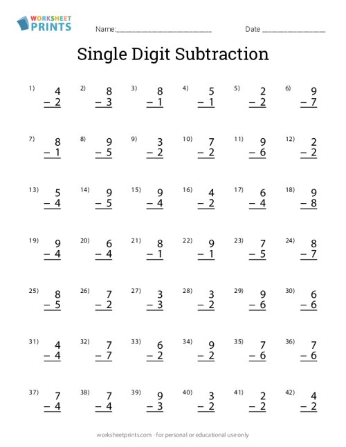 Printable Subtracting Single Digits Worksheet | WorksheetPrints