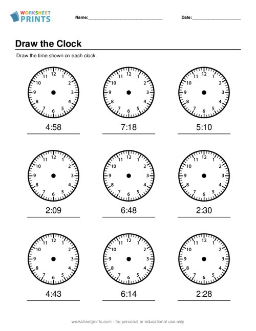 Telling Time Worksheet Draw the Clock Worksheet Printable