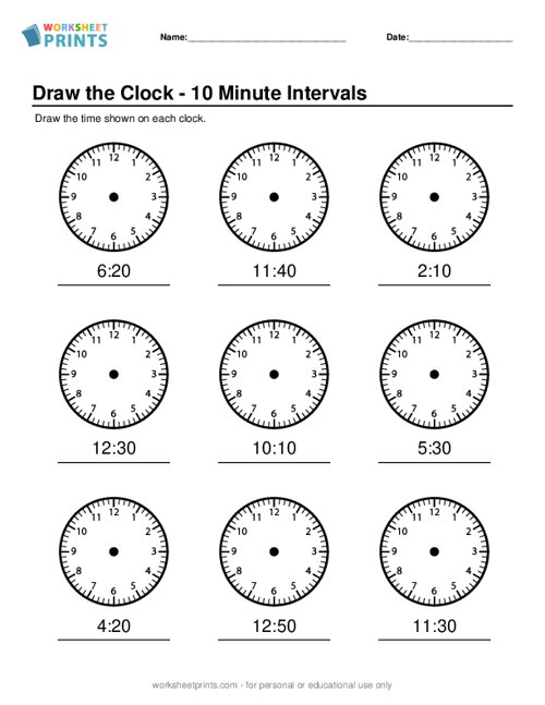 Telling Time Worksheet - 10 Minute Intervals - Draw the Clock