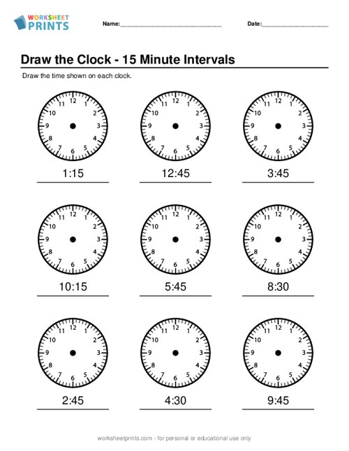 Telling Time - 15 Minute Intervals - Draw the Clock Worksheet