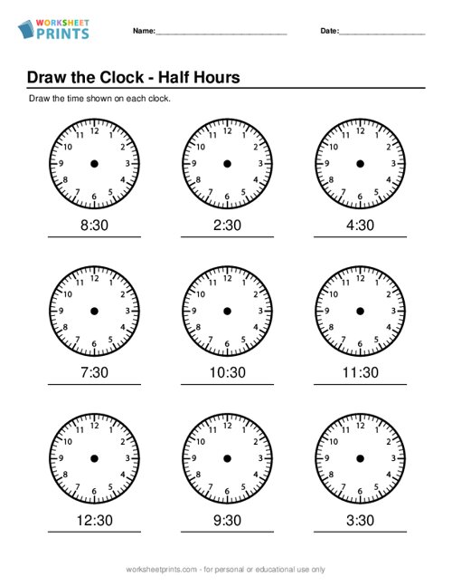 Telling Time Half Hours - Draw the Clock Worksheet