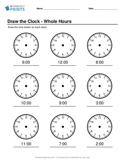 Telling Time Whole Hours - Draw the Clock Worksheet