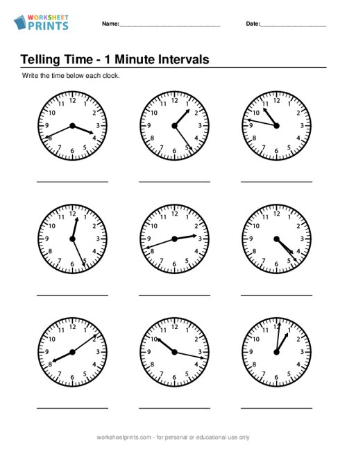 Printable Tell the Time - 1 Minute Intervals Worksheet | WorksheetPrints