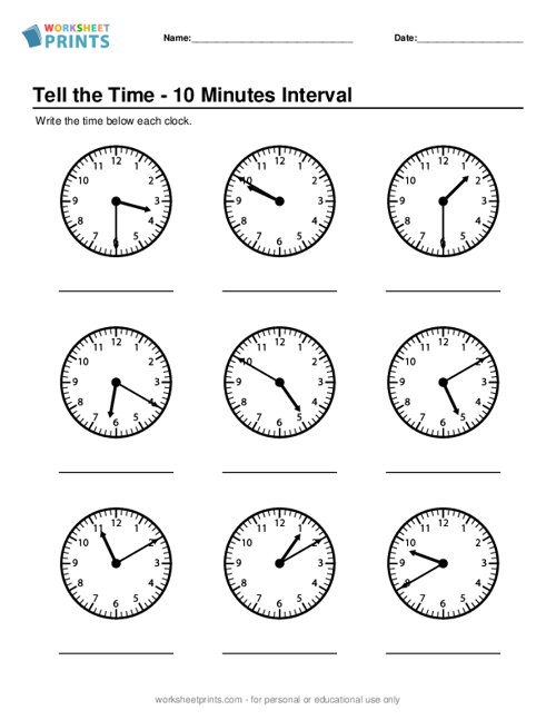 Printable Tell the Time - 10 Minute Intervals Worksheet | WorksheetPrints