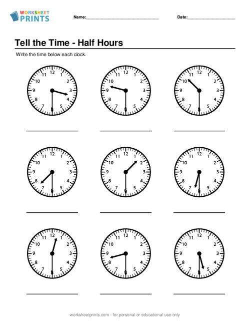 Printable Tell The Time Half Hours Worksheet Worksheetprints 6539