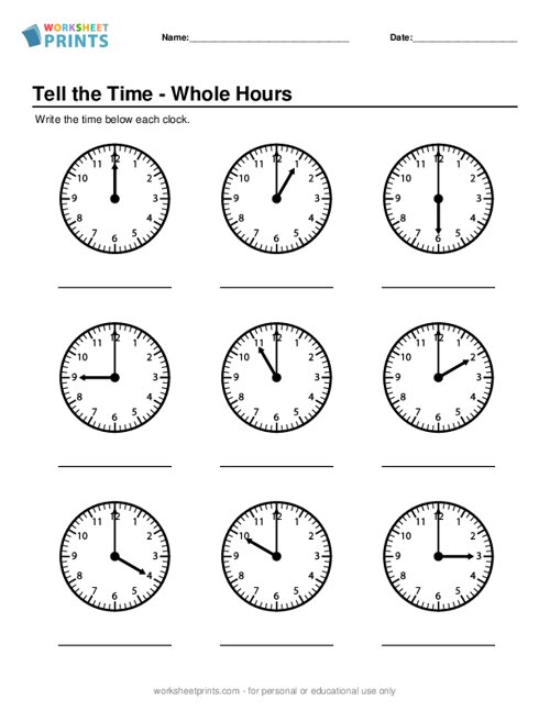 Printable Tell the Time - Whole Hours Worksheet | WorksheetPrints