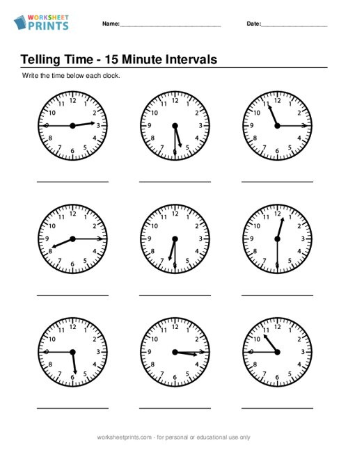 Printable Telling Time - 15 Minute Intervals Worksheet | WorksheetPrints