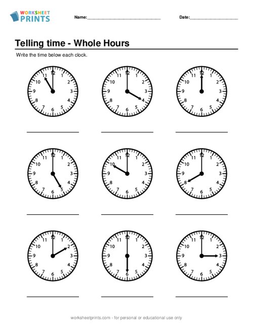 Printable Telling Time - Whole Hours Worksheet | WorksheetPrints