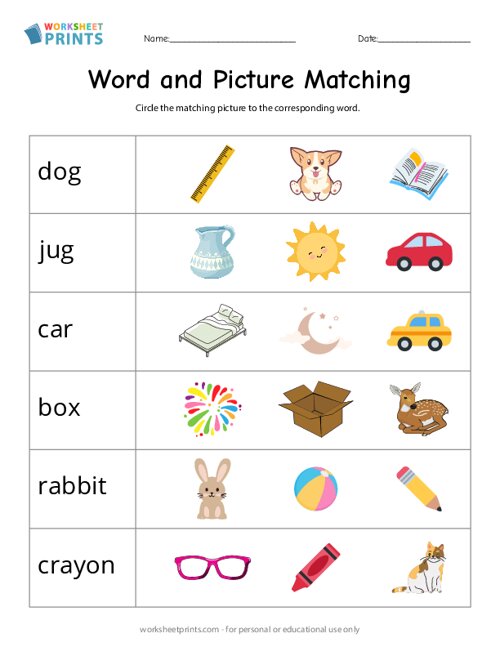 Match Pictures to Words | Grade 1 Worksheets