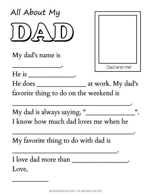All About My Dad Worksheet Printable