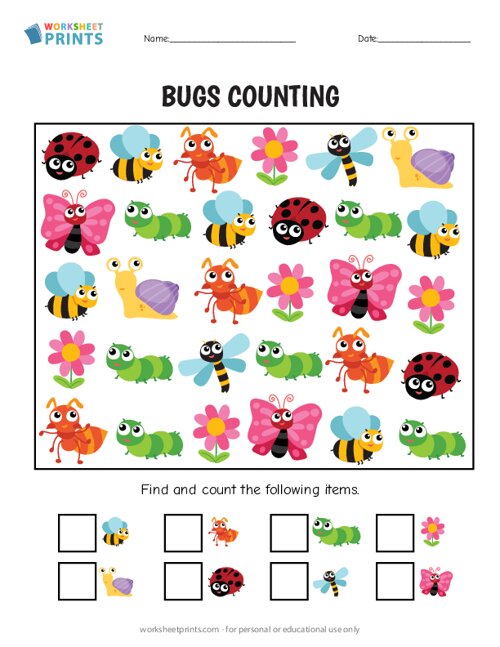 Find and Count Bugs Items - I Spy Worksheet Printable