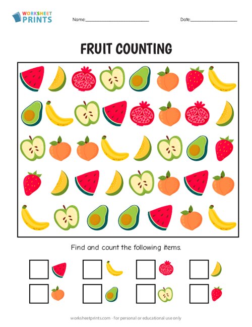 Find and Count Fruit Items - I Spy Worksheet Printable