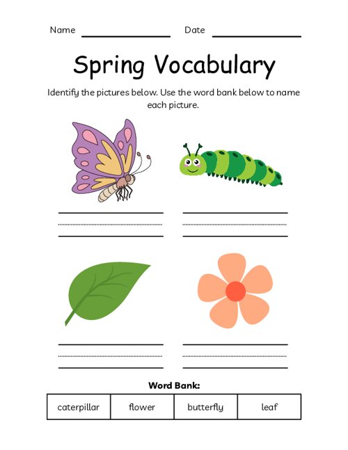 Colorful Spring Vocabulary Worksheet Printable