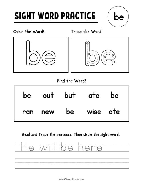 Sight Words Worksheet - Be | Free Printable Worksheets