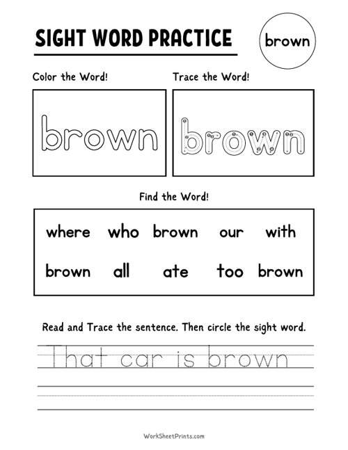 Sight Words Practice - Brown | Free Printable Worksheets