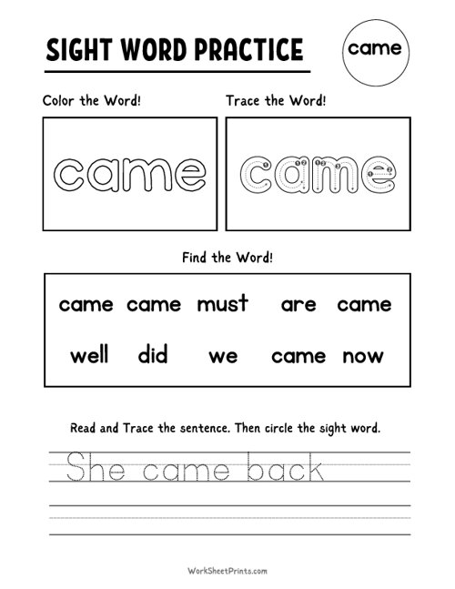 Sight Words Practice - Came | Free Printable Worksheets