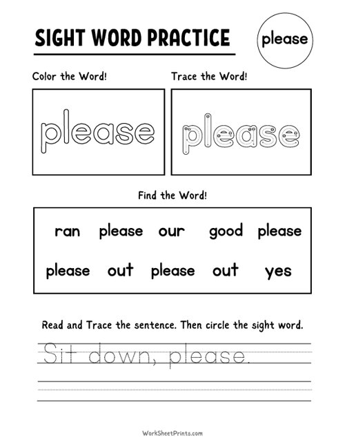 Sight Words Practice - Please | Kindergarten Worksheets image.