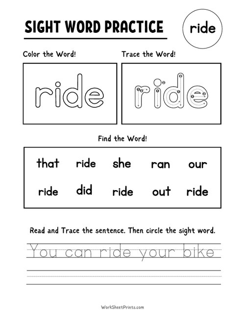 Sight Words Worksheet - Ride| Free Printable Worksheets