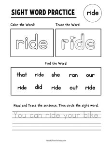Sight Words Worksheet - Ride