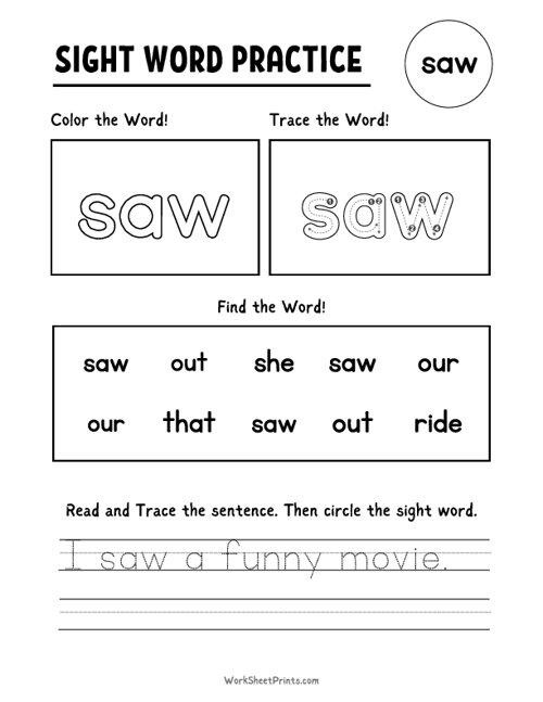 Sight Word Practice Saw Kindergarten Worksheets