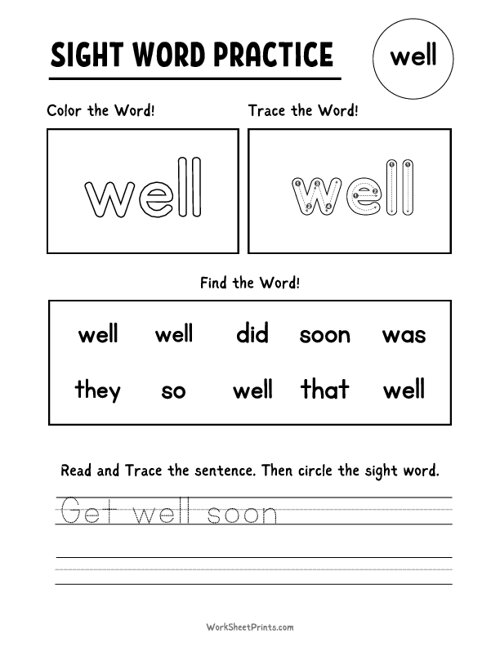 Well - Sight Word Practice | Kindergarten Worksheets