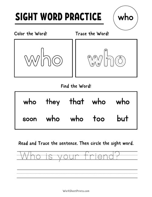 Who - Sight Word Practice | Kindergarten Worksheets Printable