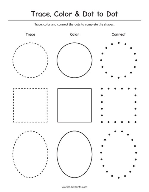 Trace, Color, Connect Dots Worksheet - Circle, Square, Oval