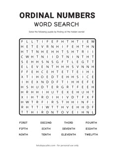 Ordinal Number Word Search