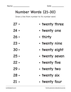 Match Number Words (21 - 30)