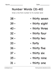 Match Number Words (31 - 40)