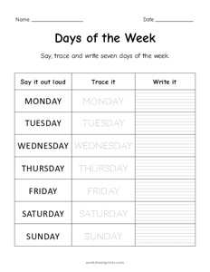 Say, Trace and Write Days of the Week