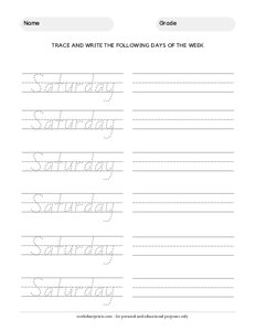 Saturday - Days of the Week Tracing