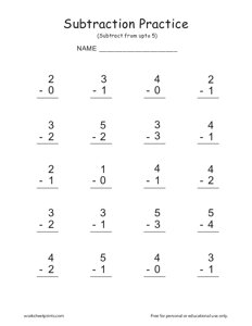 1 Digit Subtraction (From upto 5) - #2