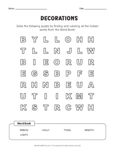 Christmas Decorations - Coloring Word Search