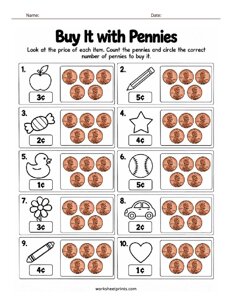 Simple Buying with Pennies Worksheet - #1