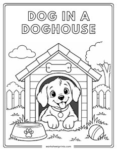 Dog in a Doghouse - Pet Animals Coloring Sheets